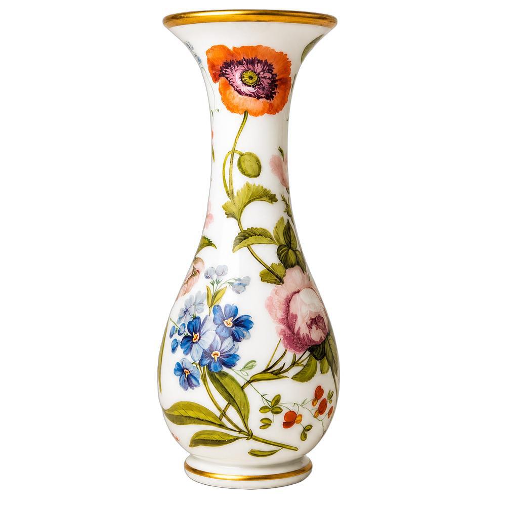 Large French Opaline Vase Hand Blown & Hand Painted with Flowers C