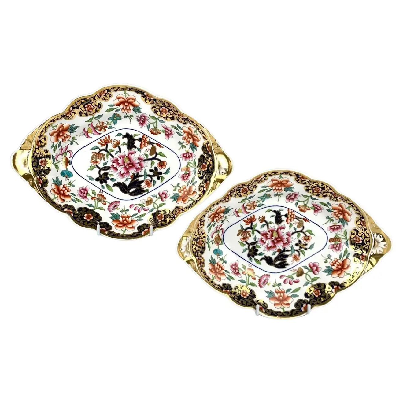Pair Antique Spode Oval Shaped Dishes Decorated with Waterlilies